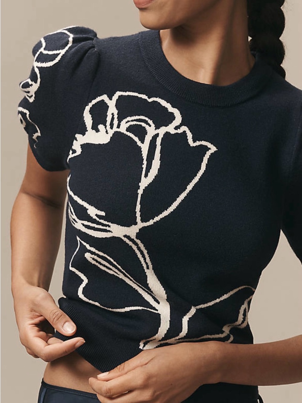 NWOT Anthropologie Maeve Maxine Puff Sleeve Floral Sweater Tee Navy Blue XXS
